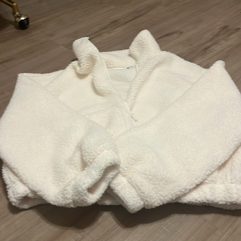 White cotton puffer zip up turtle neck hoodie